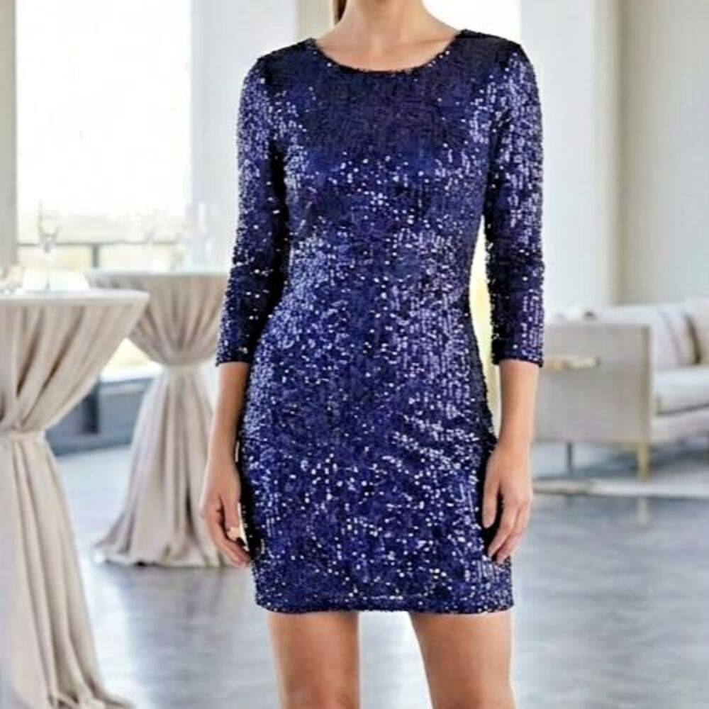 Vestry Blue Sequin Dress Womens M L Short Mini Party Cocktail 3/4 Sleeve lined
